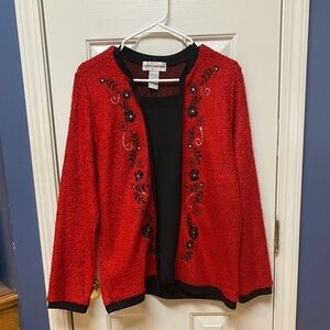 Cathy Daniels Red & Black Embellished Sweater Cardigan Size L Christmas party